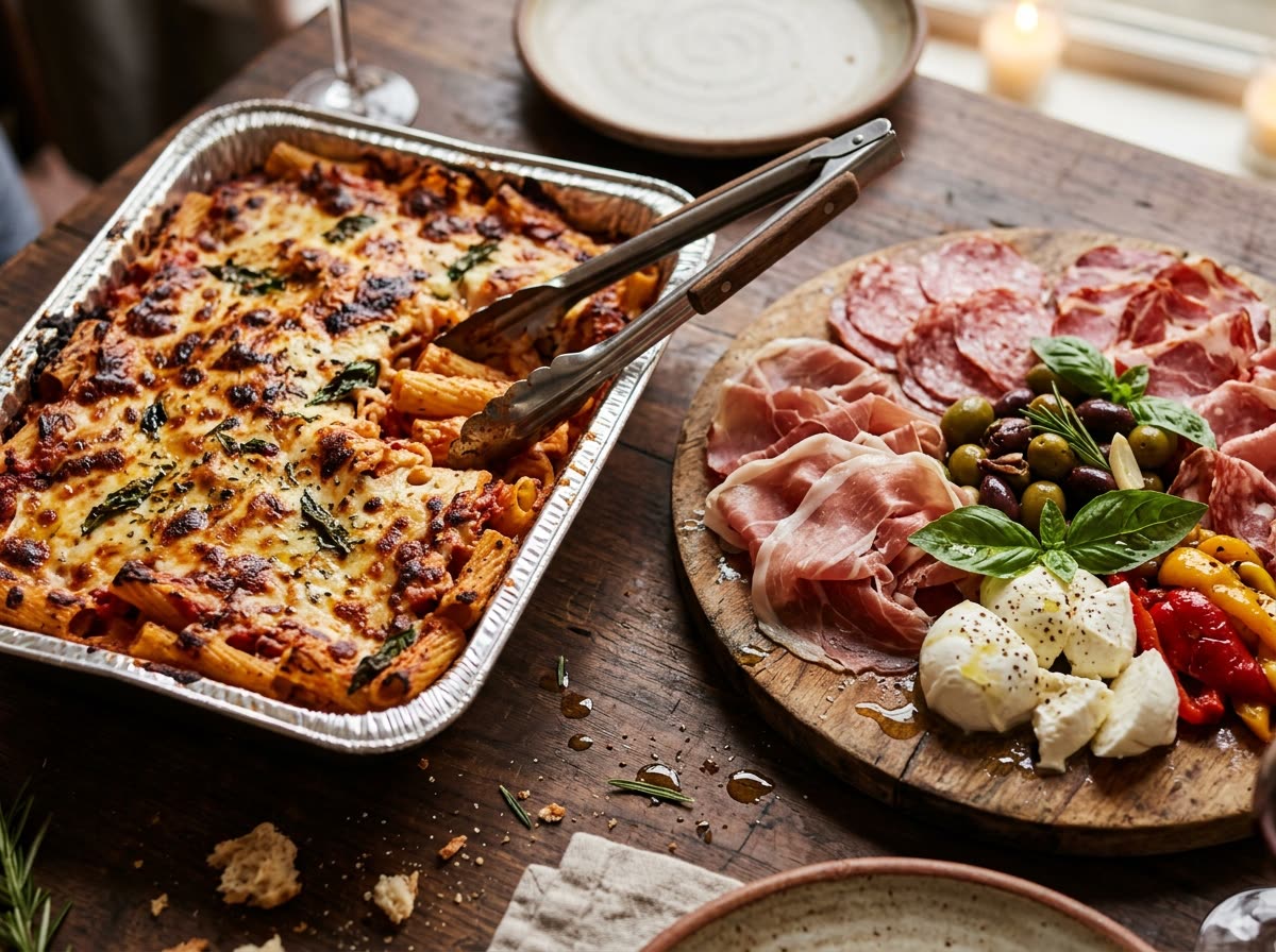 A pan of baked pasta beside a wooden board of cured meats, olives and cheese with serving tongs.