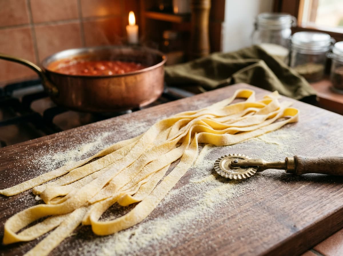 Ribbons of fresh hand-rolled pasta dusted with semolina on a floured wooden board.