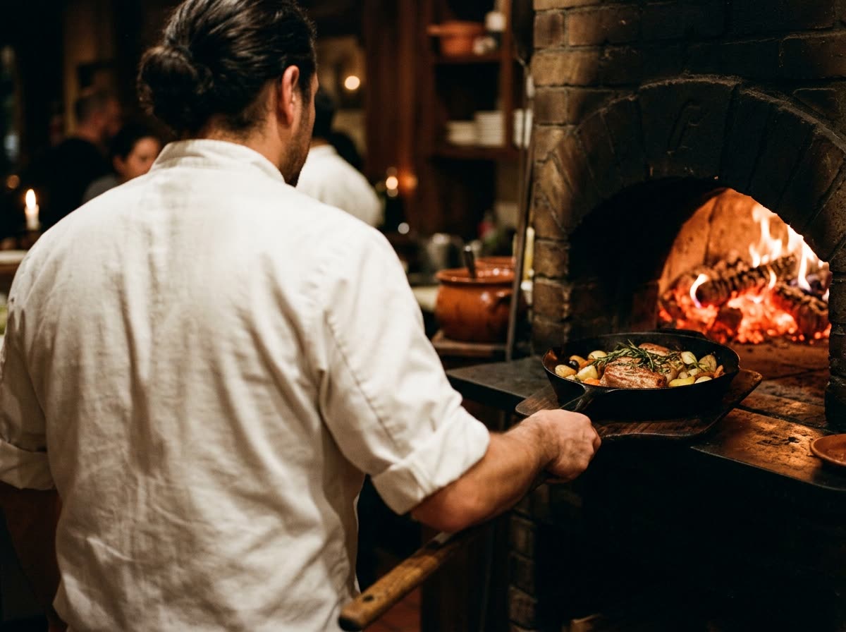 A cook seen from behind pulling a pan of roasted food from a wood-fired oven with a peel.