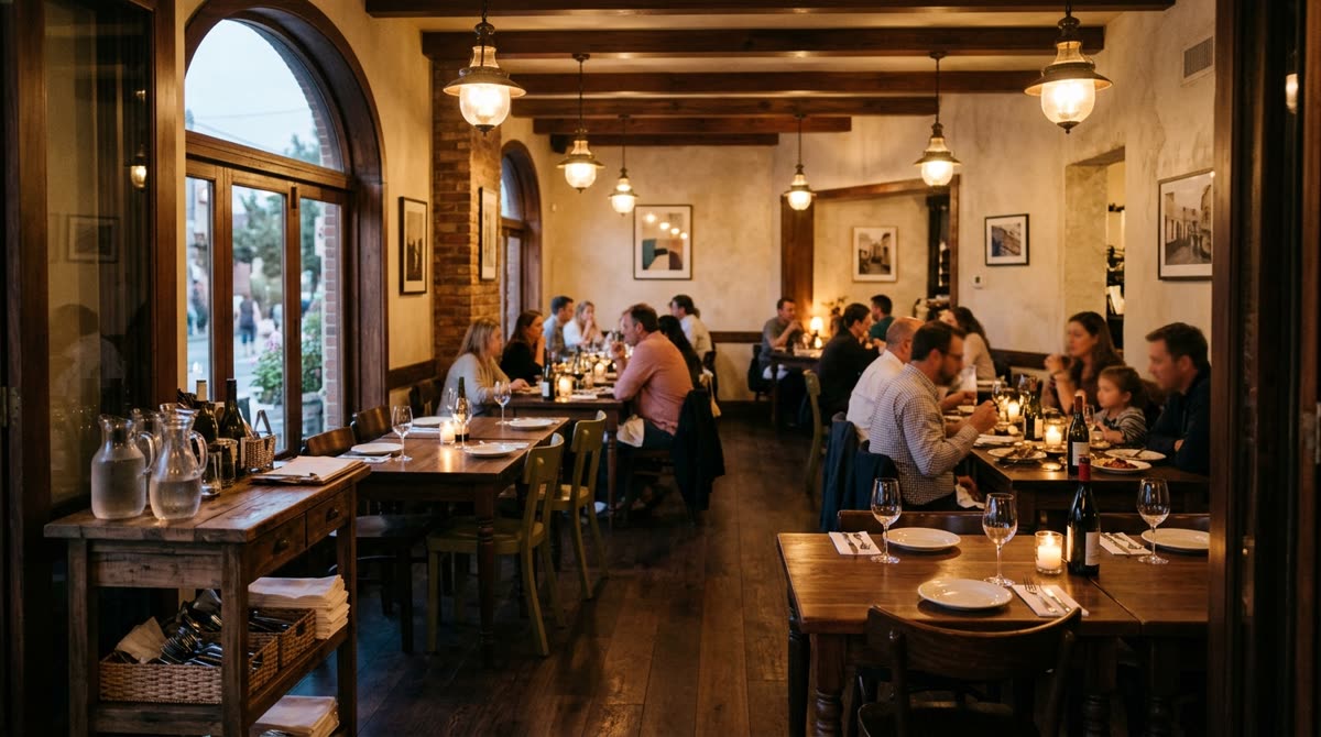 A relaxed Italian dining room seen from the entrance, half full with blurred diners at wooden tables.