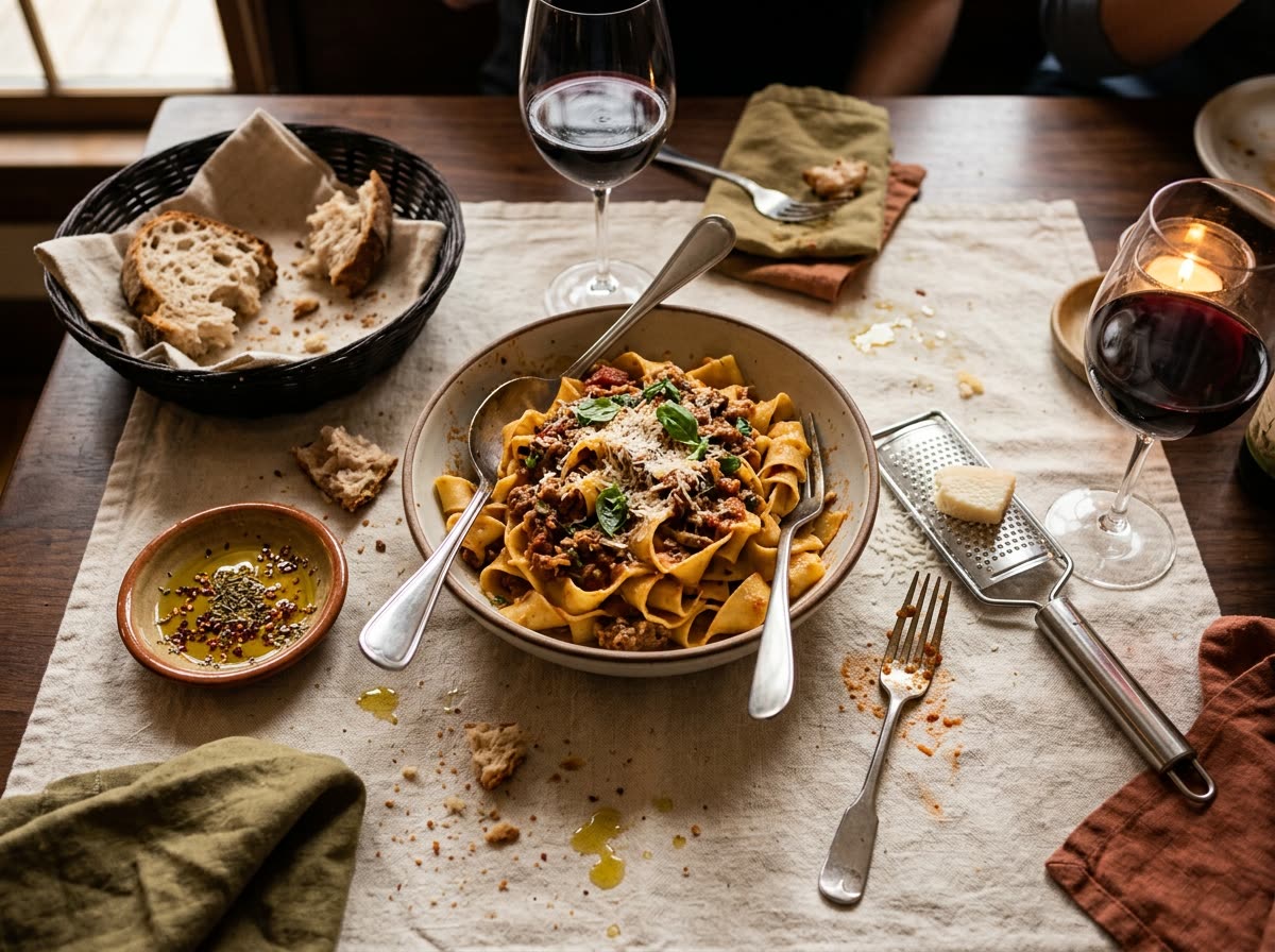 A shared table with a pasta bowl, bread basket, olive oil and two glasses of red wine.