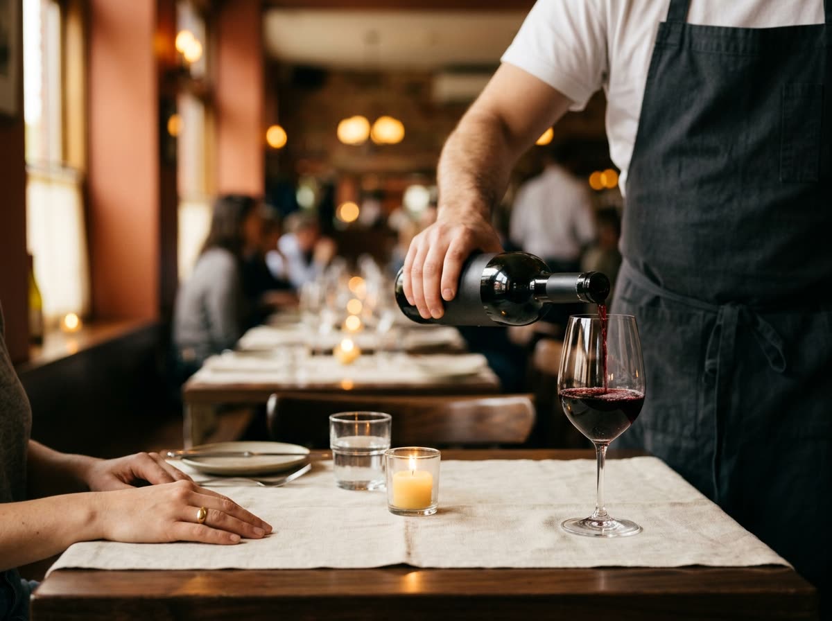 A server seen from behind pouring red wine into a glass at a linen-covered table.