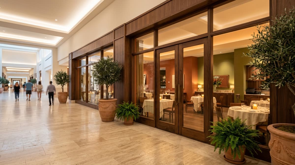 An upscale restaurant frontage on an indoor resort promenade with polished stone and blurred passersby.
