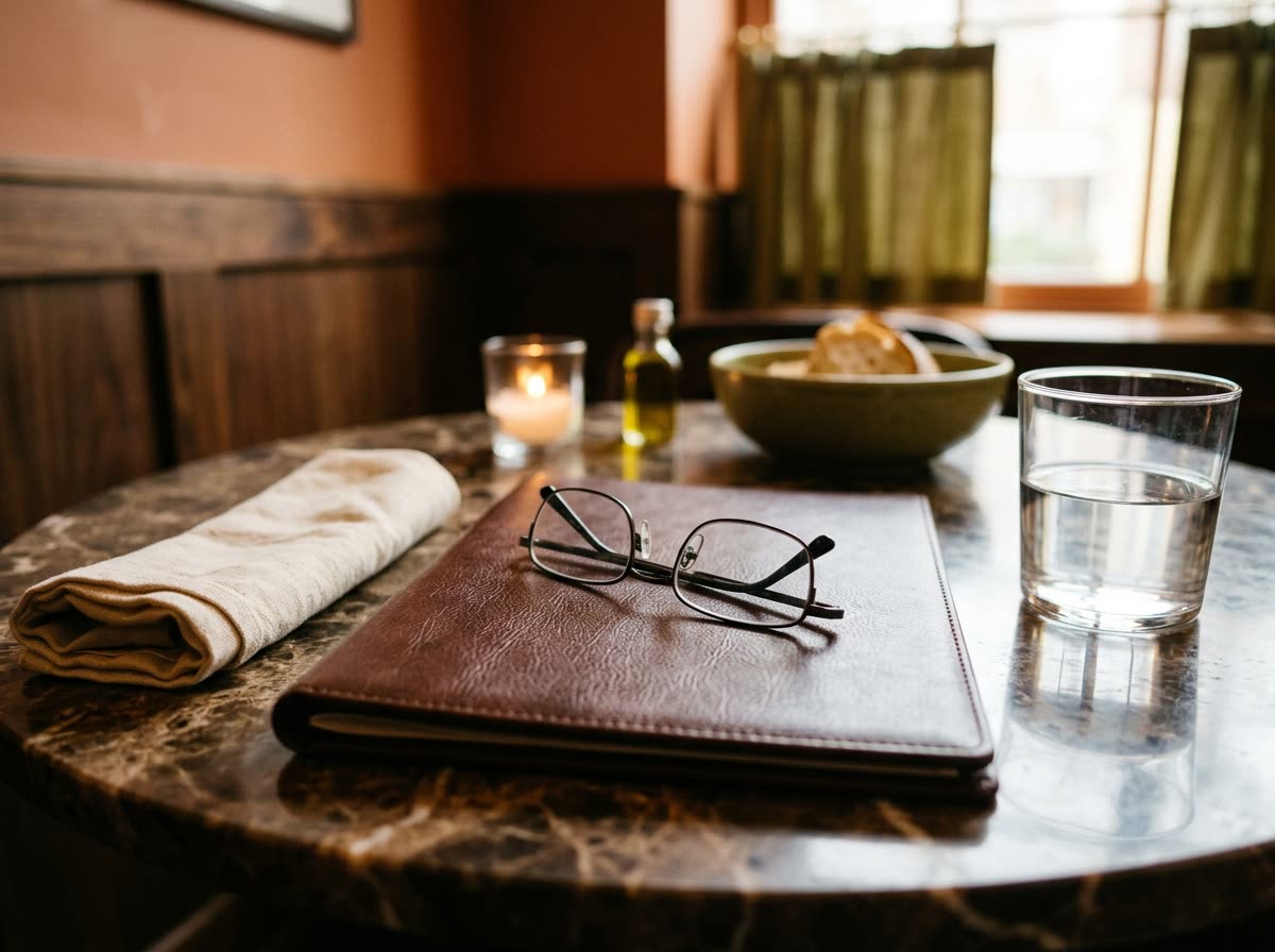 A closed blank menu folder, reading glasses and a napkin on a polished marble table.