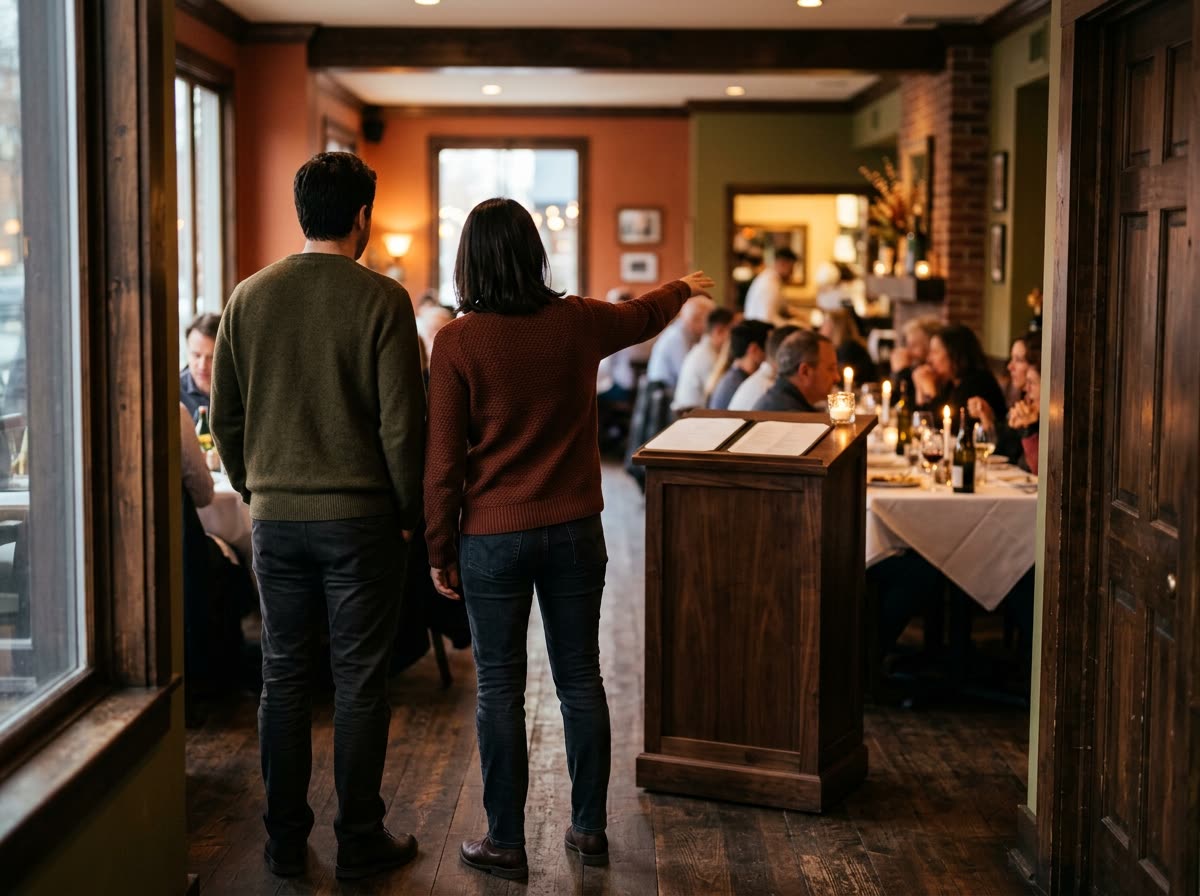Two people seen from behind at a restaurant entrance looking toward the dining room.