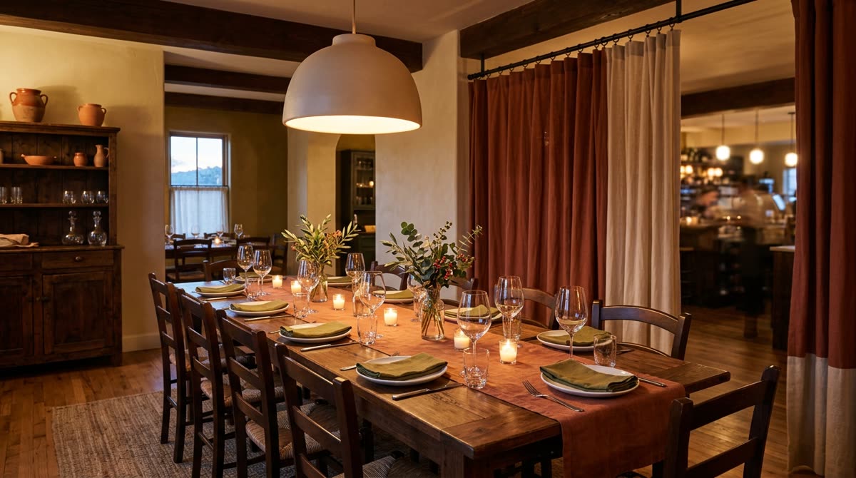 A long table set for twelve in a curtained semi-private dining room before guests arrive.