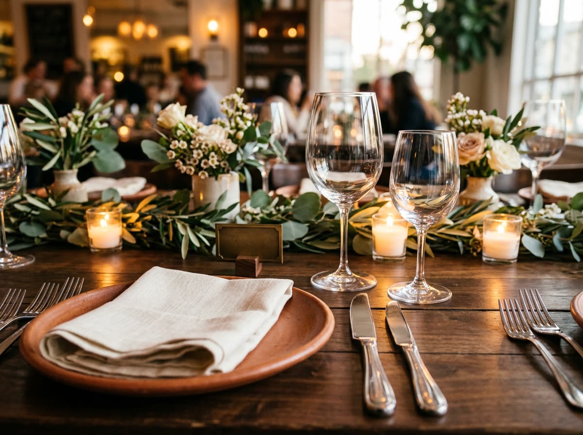 Folded napkins, polished flatware and stemware set along a table with a low floral centerpiece.