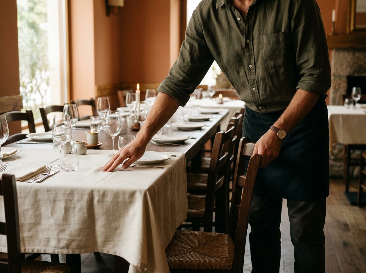A staff member, head cropped from frame, smoothing a tablecloth beside a set banquet table.