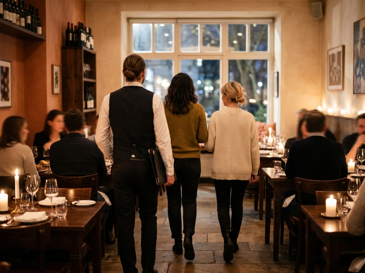 A host seen from behind leading two guests between tables toward a window seat.