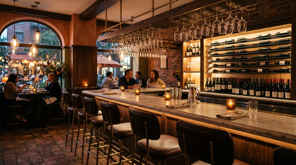 A marble wine bar with leather stools, hanging stemware and racks of unlabeled bottles behind.