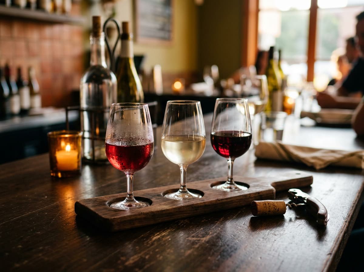 Three tasting pours on a wooden paddle beside a pulled cork and a corkscrew.