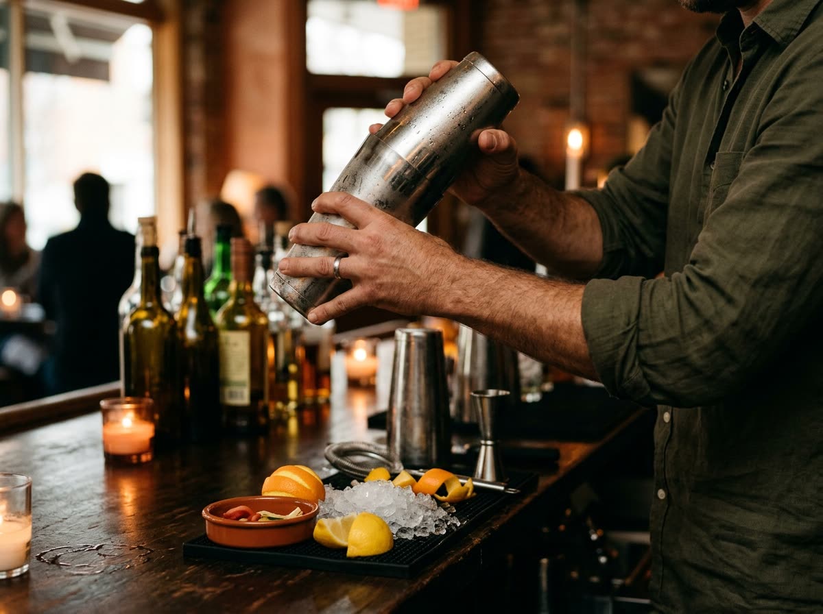 A bartender's hands shaking a cocktail tin above a dark bar, face out of frame.